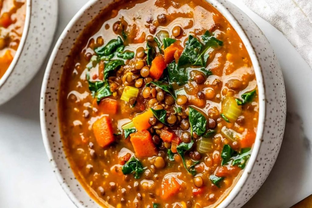 يخنة العدس باللحم والخضار وزيت الزيتون