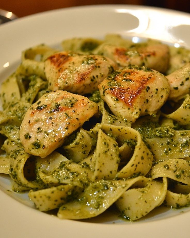 معكرونة الفيتوتشيني بخلطة البيستو والجبن المفروم