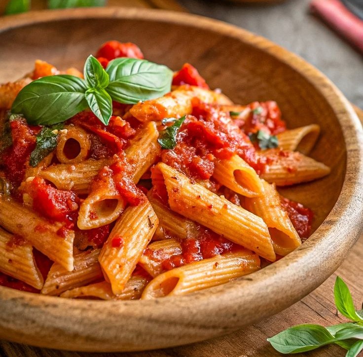 معكرونة بيني penne الحارة والساخن بصلصة الطماطم والريحان والتوابل