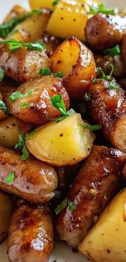 نقانق محمرة مع البطاطا منكهة بالتوابل والأعشاب المعطرة