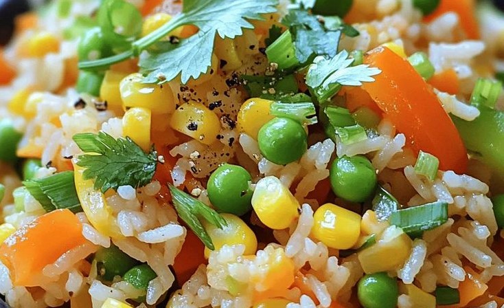سلطة الأرز الأبيض والخضار بالذرة والبازلاء